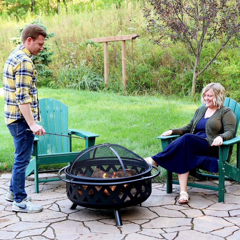 Sunnydaze Black Crossweave Heavy-Duty Steel Outdoor Fire Pit - Includes Spark Screen, Poker and Cover - 36-Inch Round