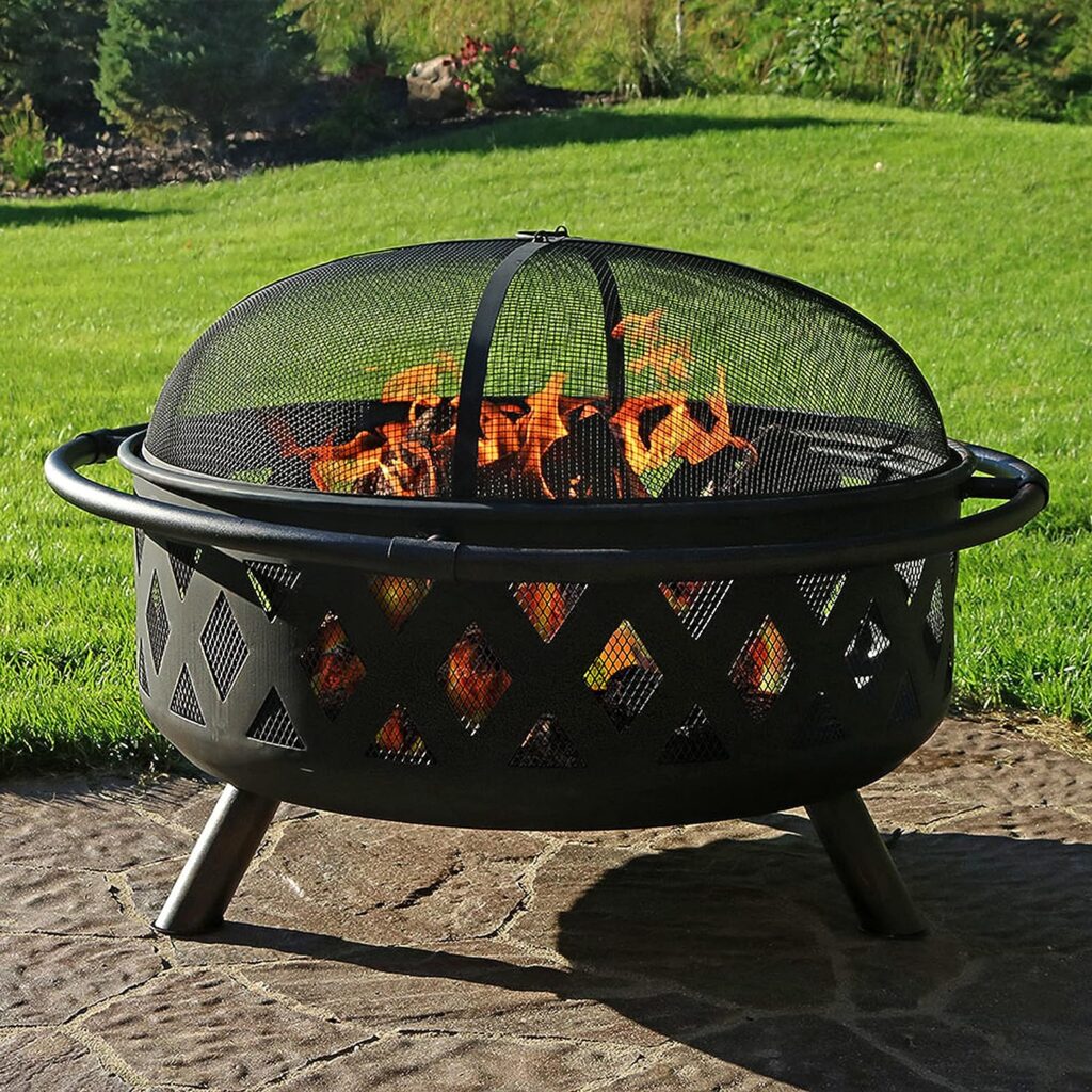 Sunnydaze Black Crossweave Heavy-Duty Steel Outdoor Fire Pit - Includes Spark Screen, Poker and Cover - 36-Inch Round