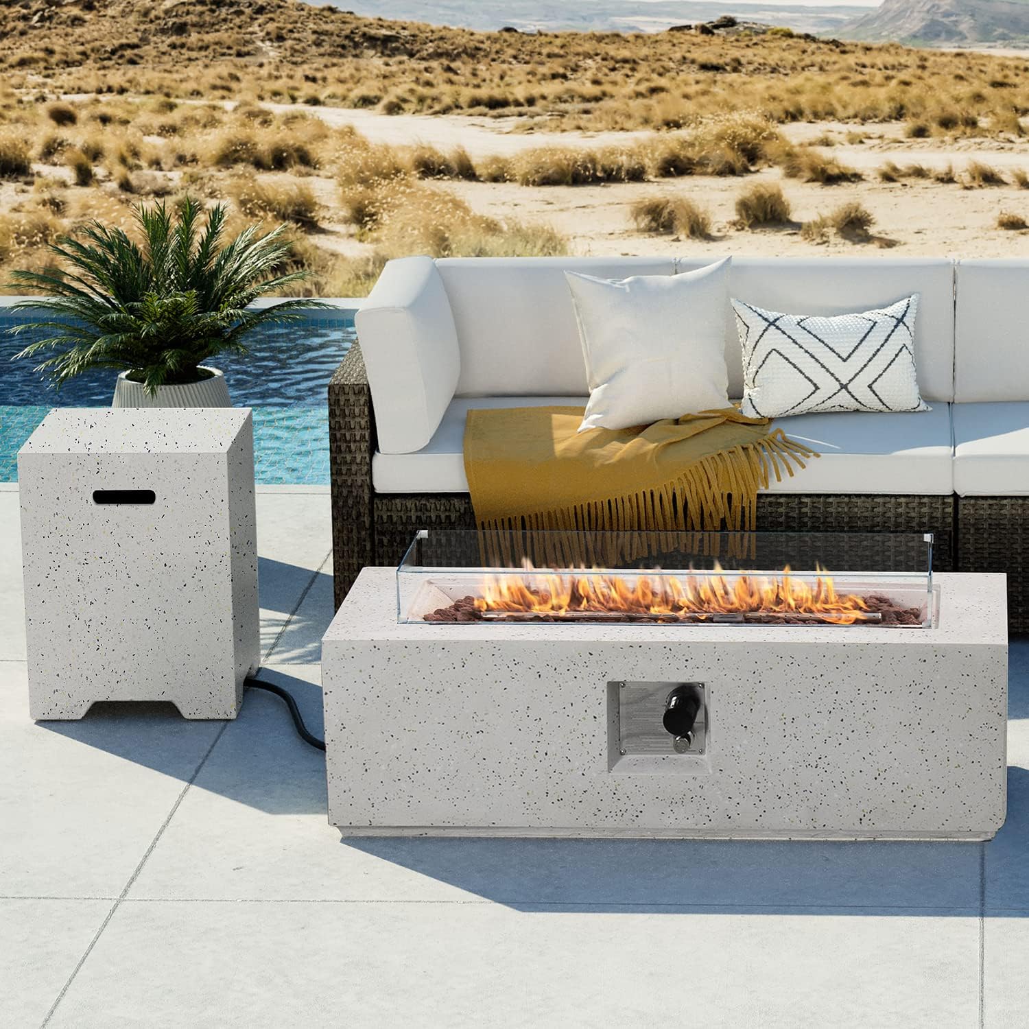 COSIEST 2-Piece Outdoor Propane Fire Pit Table Set w Tank Table, 42 Terrazzo Rectangle Fire Table (CSA Certified, 50,000 BTU) w 16 Tank Cover Side Table, Wind Guard, Rain Cover for Garden, Pool