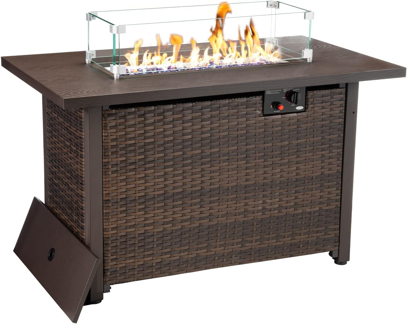 HANLIKO 42 Inch Outdoor Propane Gas Fire Pit Table, 50,000 BTU Auto-Ignition Gas Firepit with Glass Wind Guard, Alloy Wood Grain Tabletop -Brown