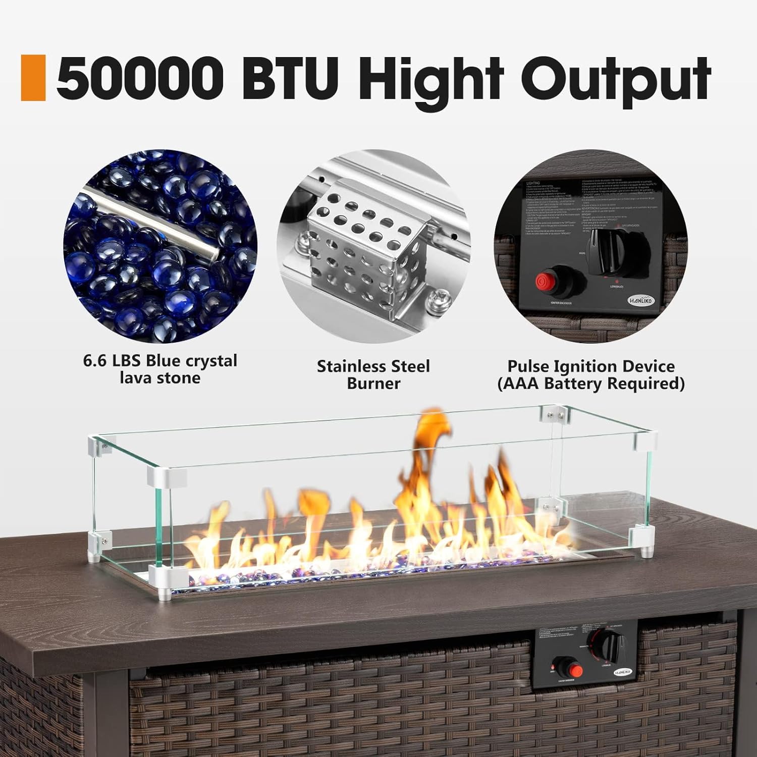 HANLIKO 42 Inch Outdoor Propane Gas Fire Pit Table, 50,000 BTU Auto-Ignition Gas Firepit with Glass Wind Guard, Alloy Wood Grain Tabletop -Brown
