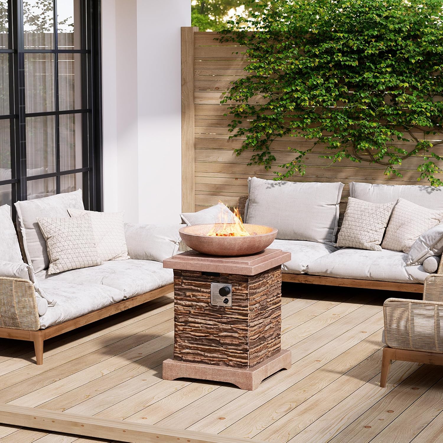 HOMPUS Outdoor Propane Fire Pit Table 32-inch Imitation Stone Square Concrete Propane Fire Pit with Lava Rocks and Rain Cover 50,000 BTU Gas Smokeless Fire Pits for Outside Patio,Garden, CSA Certified