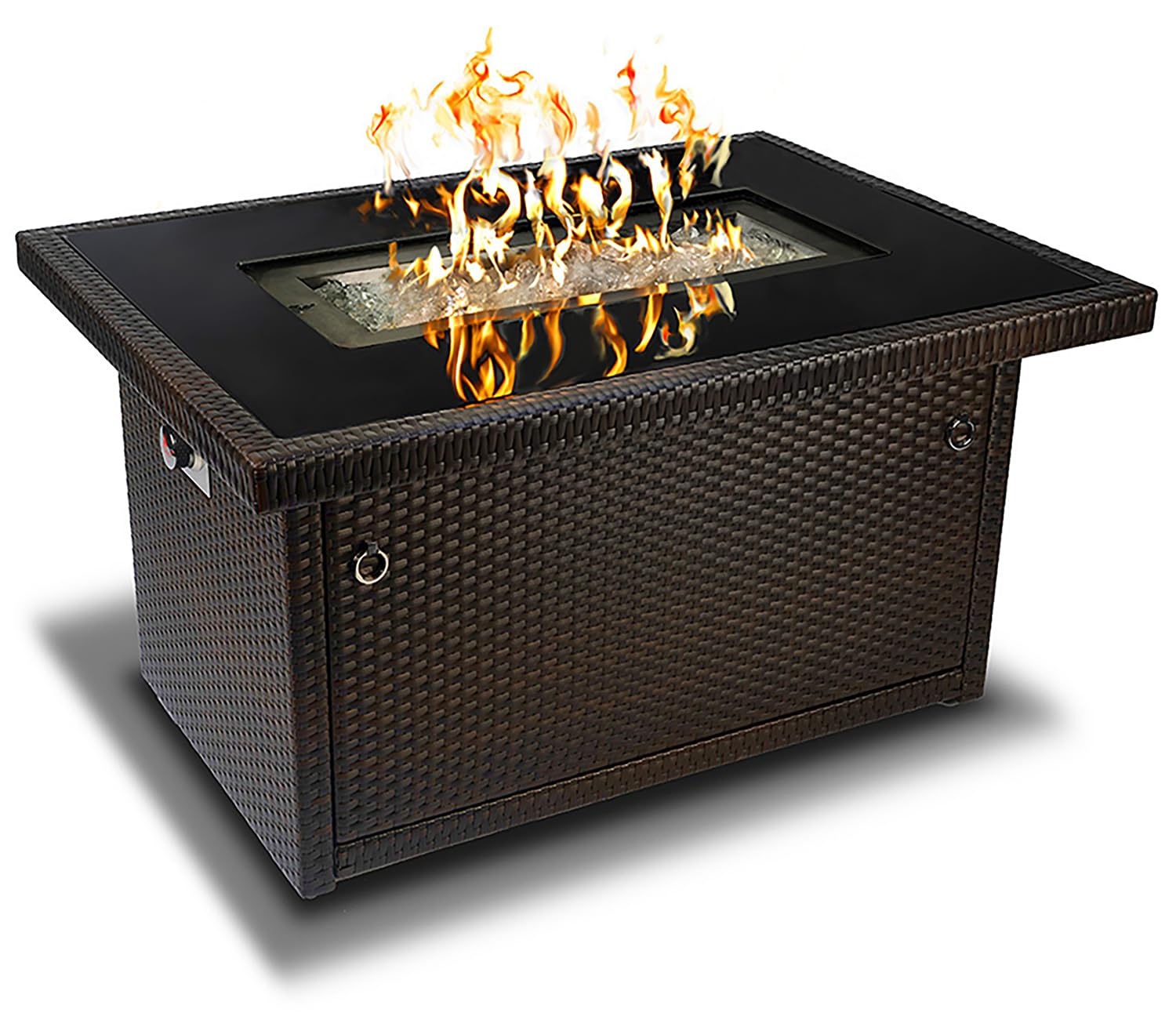 Outland Living Series 403 Fire Table – 44 50,000 BTU Outdoor Propane Gas Fire Pit Table with Tempered Glass Top  Arctic Ice Decorative Glass Rocks, Espresso Brown