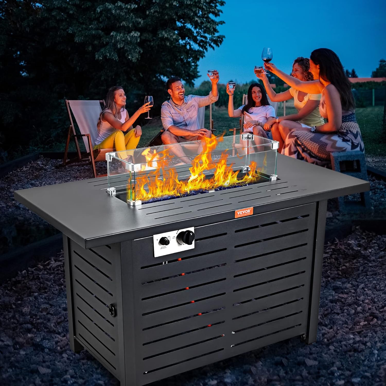 VEVOR Gas Fire Pit Table, 43 In 50000 BTU, Propane Outdoor Wicker Patio fire Pits with Carbon Steel Tabletop, Lava Rock, Glass Wind Guard, Cover, Add Warmth to Gathering on Garden Backyard, CSA Listed VEVOR Gas Fire Pit Table, 43 In 50000 BTU, Propane Outdoor Wicker Patio fire Pits with Carbon Steel Tabletop, Lava Rock, Glass Wind Guard, Cover, Add Warmth to Gathering on Garden Backyard, CSA Listed