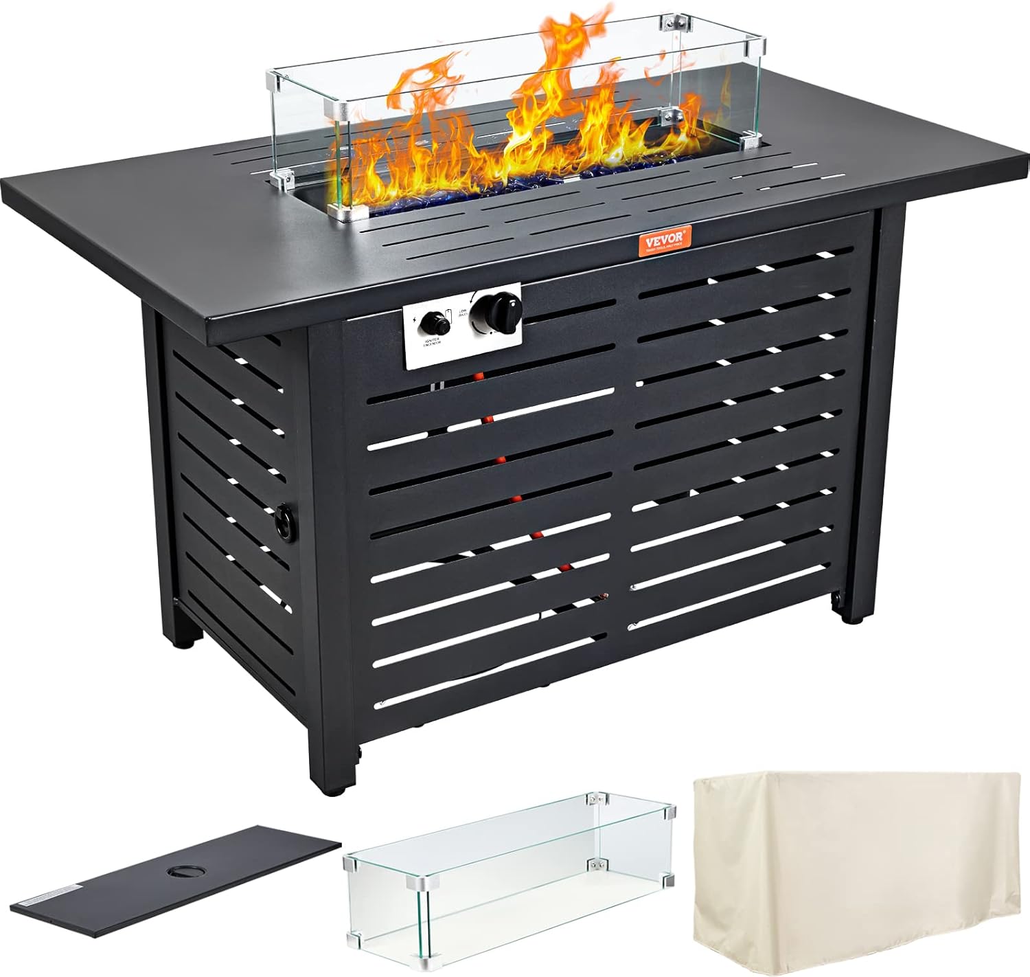 VEVOR Gas Fire Pit Table, 43 In 50000 BTU, Propane Outdoor Wicker Patio fire Pits with Carbon Steel Tabletop, Lava Rock, Glass Wind Guard, Cover, Add Warmth to Gathering on Garden Backyard, CSA Listed VEVOR Gas Fire Pit Table, 43 In 50000 BTU, Propane Outdoor Wicker Patio fire Pits with Carbon Steel Tabletop, Lava Rock, Glass Wind Guard, Cover, Add Warmth to Gathering on Garden Backyard, CSA Listed