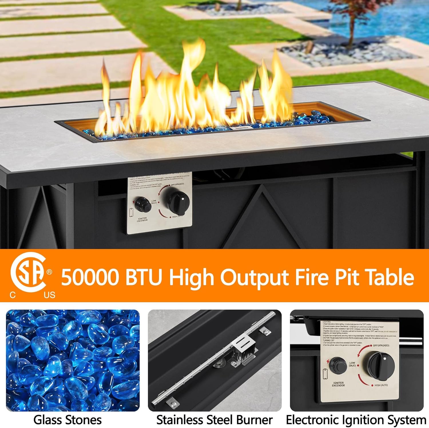 Yaheetech 43 Inch 50,000 BTU Gas Fire Pit with Ceramic Tabletop and  Steel Base for Outdoor/Patio/Party/Bonfire, Rectangle Propane Fire Pit Table with Rain Cover for Outside Heating, Black Yaheetech 43 Inch 50,000 BTU Gas Fire Pit with Ceramic Tabletop and  Steel Base for Outdoor/Patio/Party/Bonfire, Rectangle Propane Fire Pit Table with Rain Cover for Outside Heating, Black